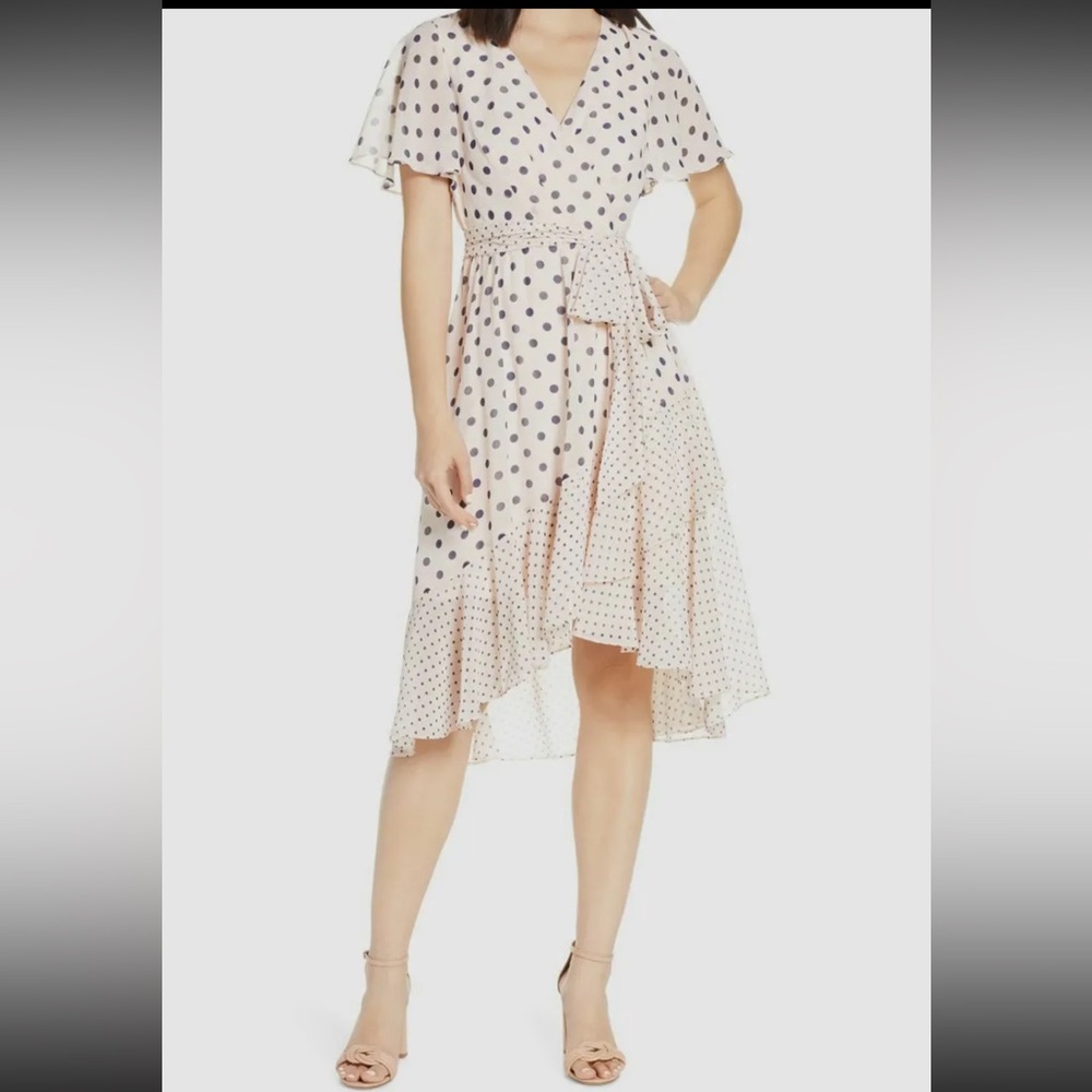 Eliza J chiffon ruffle high low pink with black polka dot dress size 12